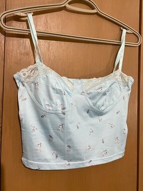 Light Blue Floral Lace Trim Cropped Cami Top 2/$30